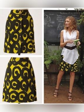 Marimekko for Anthropologie Button-Front A-Line Print Skirt Size 0 Mustard